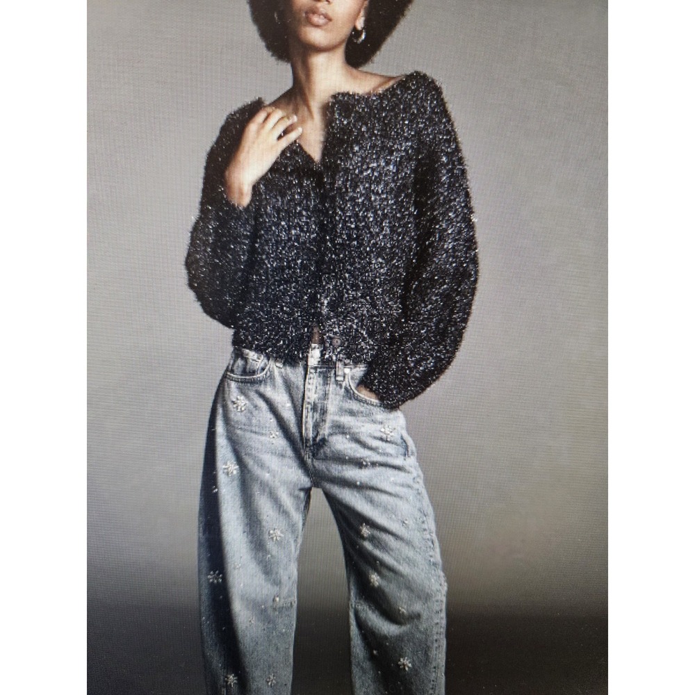 NWT Anthropologie Tinsel Button-Down LS Blue Metallic Knit Cardigan Sweater, LG